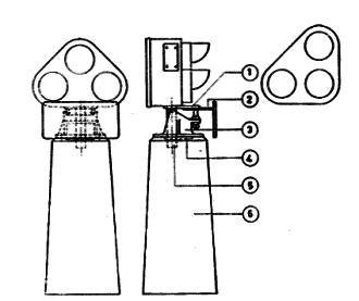 Fig. 3 . DWERGSEIN Indien slechts twee kleuren behoeven te worden getoond wordt één lenseenheid weggelaten en vervangen door een afdekplaat. 1.plaat voor bev. dwergsein 2.bev .beugel voor nummerbord 3. gietijzeren voet 4.afdekplaatje kabelinvoer 5. gasbuis voor idem 6.betonnen voet